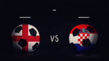 İngiltere, Hırvatistan Euro 2020 maçına karşı. Ülke bayraklı iki futbol topu, eşleşen bilgileri gösteriyor, siyah arkaplanda izole edilmiş, sayı tahtası kopyalama alanı var..