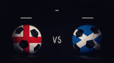 İngiltere, İskoçya Euro 2020 maçına karşı. Ülke bayraklı iki futbol topu, eşleşen bilgileri gösteriyor, siyah arkaplanda izole edilmiş, sayı tahtası kopyalama alanı var..