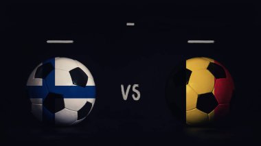 Finlandiya 'ya karşı Belçika Euro 2020 futbol maçı duyurusu. Ülke bayraklı iki futbol topu, eşleşen bilgileri gösteriyor, siyah arkaplanda izole edilmiş, sayı tahtası kopyalama alanı var..