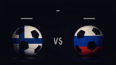 Finlandiya ile Rusya arasında Euro 2020 futbol maçı duyurusu. Ülke bayraklı iki futbol topu, eşleşen bilgileri gösteriyor, siyah arkaplanda izole edilmiş, sayı tahtası kopyalama alanı var..