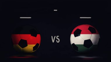 Almanya, Macaristan 'a karşı Euro 2020 futbol maçı duyurusu yaptı. Ülke bayraklı iki futbol topu, eşleşen bilgileri gösteriyor, siyah arkaplanda izole edilmiş, sayı tahtası kopyalama alanı var..