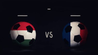 Macaristan - Fransa Euro 2020 futbol maçı duyurusu. Ülke bayraklı iki futbol topu, eşleşen bilgileri gösteriyor, siyah arkaplanda izole edilmiş, sayı tahtası kopyalama alanı var..