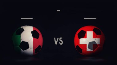 İtalya, İsviçre Euro 2020 maçına karşı. Ülke bayraklı iki futbol topu, eşleşen bilgileri gösteriyor, siyah arkaplanda izole edilmiş, sayı tahtası kopyalama alanı var..
