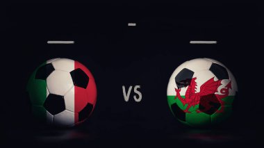 İtalya Galler Euro 2020 'ye karşı futbol maçı duyurusu. Ülke bayraklı iki futbol topu, eşleşen bilgileri gösteriyor, siyah arkaplanda izole edilmiş, sayı tahtası kopyalama alanı var..