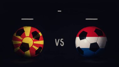Kuzey Makedonya, Hollanda 'ya karşı Euro 2020 futbol maçı duyurusu yaptı. Ülke bayraklı iki futbol topu, eşleşen bilgileri gösteriyor, siyah arkaplanda izole edilmiş, sayı tahtası kopyalama alanı var..