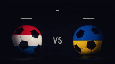 Hollanda, Ukrayna Euro 2020 maçında maç duyurusu yaptı. Ülke bayraklı iki futbol topu, eşleşen bilgileri gösteriyor, siyah arkaplanda izole edilmiş, sayı tahtası kopyalama alanı var..