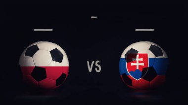 Polonya, Slovakya Euro 2020 maçına karşı. Ülke bayraklı iki futbol topu, eşleşen bilgileri gösteriyor, siyah arkaplanda izole edilmiş, sayı tahtası kopyalama alanı var..