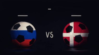 Rusya, Danimarka Euro 2020 maçına karşı. Ülke bayraklı iki futbol topu, eşleşen bilgileri gösteriyor, siyah arkaplanda izole edilmiş, sayı tahtası kopyalama alanı var..