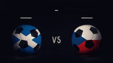 İskoçya, Çek Cumhuriyeti 'ne karşı Euro 2020 futbol maçı duyurusu. Ülke bayraklı iki futbol topu, eşleşen bilgileri gösteriyor, siyah arkaplanda izole edilmiş, sayı tahtası kopyalama alanı var..