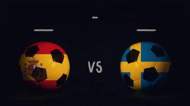 İspanya - İsveç Euro 2020 futbol maçı duyurusu. Ülke bayraklı iki futbol topu, eşleşen bilgileri gösteriyor, siyah arkaplanda izole edilmiş, sayı tahtası kopyalama alanı var..