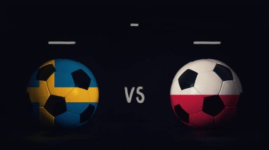 İsveç, Polonya Euro 2020 maçına karşı. Ülke bayraklı iki futbol topu, eşleşen bilgileri gösteriyor, siyah arkaplanda izole edilmiş, sayı tahtası kopyalama alanı var..