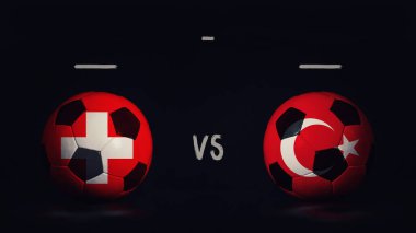 İsviçre ile Türkiye arasında Euro 2020 futbol maçı duyurusu. Ülke bayraklı iki futbol topu, eşleşen bilgileri gösteriyor, siyah arkaplanda izole edilmiş, sayı tahtası kopyalama alanı var..