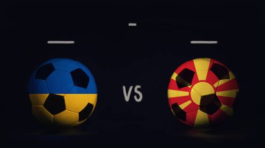 Ukrayna, Kuzey Makedonya 'ya karşı Euro 2020 futbol maçı duyurusu yaptı. Ülke bayraklı iki futbol topu, eşleşen bilgileri gösteriyor, siyah arkaplanda izole edilmiş, sayı tahtası kopyalama alanı var..