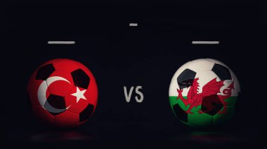 Türkiye Galler Euro 2020 'ye karşı futbol maçı duyurusu. Ülke bayraklı iki futbol topu, eşleşen bilgileri gösteriyor, siyah arkaplanda izole edilmiş, sayı tahtası kopyalama alanı var..