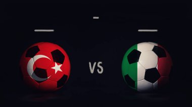 Türkiye - İtalya Euro 2020 maçı duyurusu. Ülke bayraklı iki futbol topu, eşleşen bilgileri gösteriyor, siyah arkaplanda izole edilmiş, sayı tahtası kopyalama alanı var..