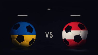 Ukrayna Avusturya 'ya karşı Euro 2020 futbol maçı duyurusu. Ülke bayraklı iki futbol topu, eşleşen bilgileri gösteriyor, siyah arkaplanda izole edilmiş, sayı tahtası kopyalama alanı var..