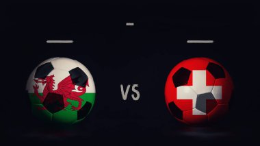 Galler - İsviçre Euro 2020 futbol maçı duyurusu. Ülke bayraklı iki futbol topu, eşleşen bilgileri gösteriyor, siyah arkaplanda izole edilmiş, sayı tahtası kopyalama alanı var..