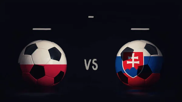 Poland vs Slovakia Euro 2020 football matchday announcement. Two soccer balls with country flags, showing match infographic, isolated on black background with scoreboard copy space.