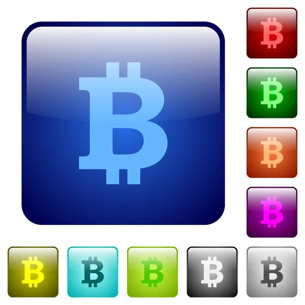 Färg bitcoin tecken fyrkantiga knappar — Stock vektor