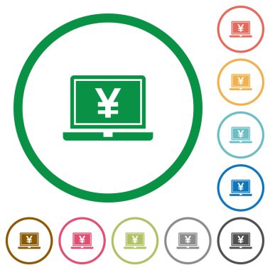 Yen işareti ile dizüstü bilgisayar düz simgeler özetlenen