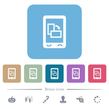 Renkli yuvarlak kare arkaplan üzerindeki mobil ekran yönelimli beyaz düz simgeleri değiştir. 6 bonus simgesi dahil