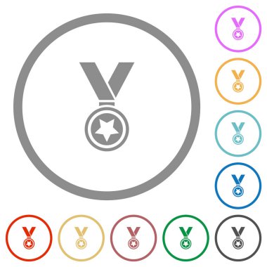 Beyaz arkaplanda yuvarlak çizgilerle yıldız düz renk simgelerine sahip madalya