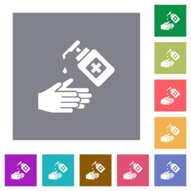 El yıkama ve el dezenfektanı ile basit renkli kare arka planlarda düz simgeler