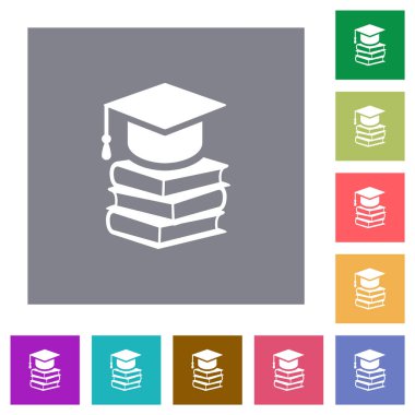 Basit renk kare arkaplan üzerine üç kitaplık düz simge içeren mezuniyet başlığı