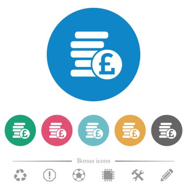 Pound sikkeler düz beyaz simgeler yuvarlak renkli arka planlar. 6 bonus simgesi dahil.