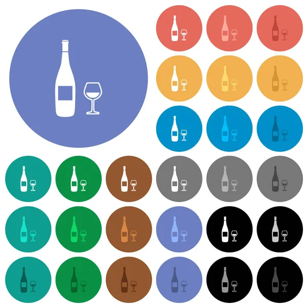 Vinflaska Och Glas Flerfärgade Platta Ikoner Runda Bakgrunder Inkluderat Vita — Stock vektor