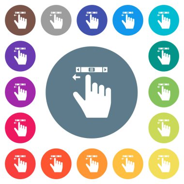 Sağ el kaydırma sol jest düz beyaz simgeler yuvarlak renk arkaplan. 17 arkaplan renk varyasyonu dahil.