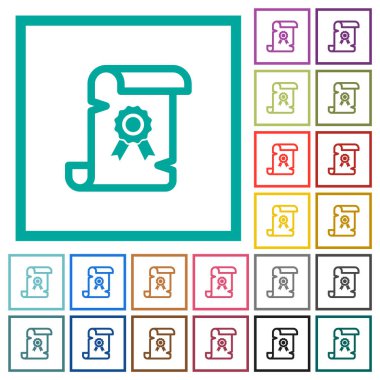 Beyaz arkaplanda çeyrek çerçeveli eski sertifika düz renk simgeleri