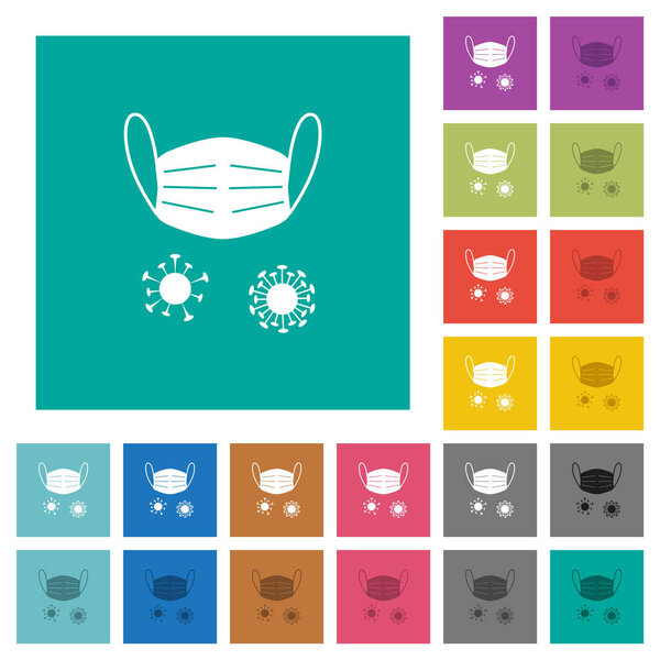 Medical mask and corona viruses multi colored flat icons on plain square backgrounds. Included white and darker icon variations for hover or active effects.