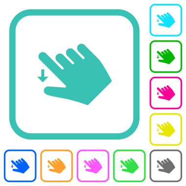 Sağ el, beyaz arkaplan üzerinde eğimli sınırlarda canlı renkli düz simgeler aşağı hareket