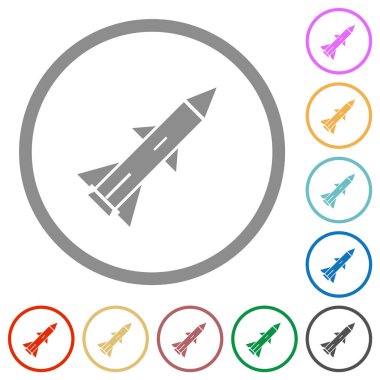 Beyaz arkaplanda yuvarlak hatlı balistik füze düz renk simgeleri