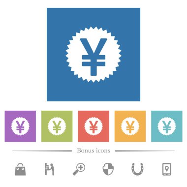 Kare arkaplanlarda Yen etiketi düz beyaz simgeler. 6 bonus simgesi dahil.