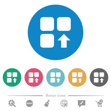 Yuvarlak renkli arkaplanlarda düz beyaz simgeleri yukarı taşı. 6 bonus simgesi dahil.