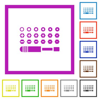 Tornavida kümesi beyaz arkaplandaki kare çerçevelerde düz renk simgelerini bit olarak gönderir