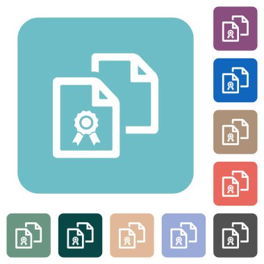 Renkli yuvarlak kare arkaplan üzerine sertifika beyaz düz simgeleri kopyala