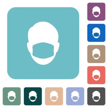 Renkli yuvarlak kare arkaplan üzerinde tıbbi maske beyaz düz simgeler ile yüz