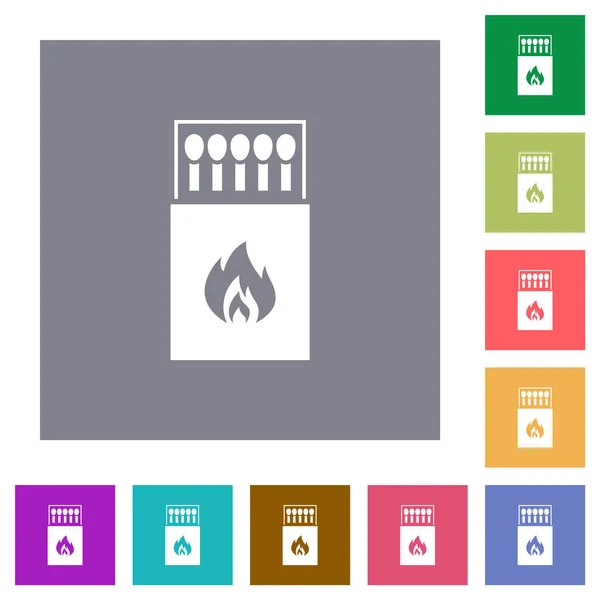 Box of matches flat icons on simple color square backgrounds — Stock Illustration Box Matches Flat Icons Simple Color Square Backgrounds Stock Vector