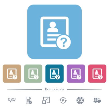 Renkli yuvarlak kare arkaplan üzerinde bilinmeyen temas beyaz düz simgeler. 6 bonus simgesi dahil