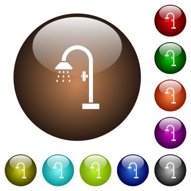 Yuvarlak cam düğmelerdeki beyaz simgeleri farklı renklerde duş al