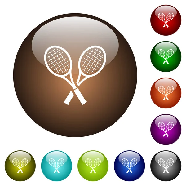 Dos Raquetas Tenis Iconos Blancos Botones Redondos Cristal Múltiples Colores — Vector de stock