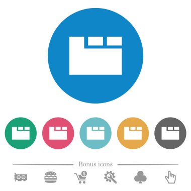 Yuvarlak renk arkaplan üzerinde yatay sekmeli etkin düz beyaz simgeler. 6 bonus simgesi dahil.