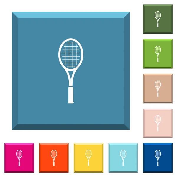 Raqueta Tenis Individual Iconos Blancos Botones Cuadrados Con Bordes Varios — Vector de stock