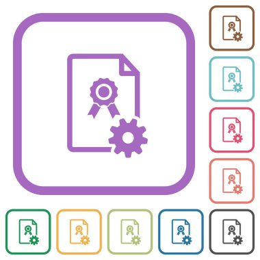 Beyaz arkaplanda renkli yuvarlak kare çerçeveler halinde basit sertifika simgeleri oluşturuluyor