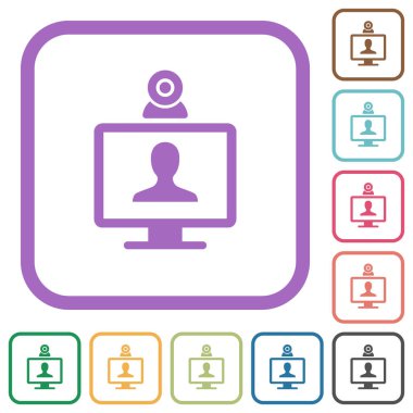 Beyaz arkaplanda renkli yuvarlak kare çerçeveli basit video konferans simgeleri