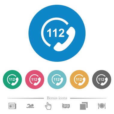 Acil çağrı 112 düz beyaz simge yuvarlak renkli arka planda. 6 bonus simgesi dahil.