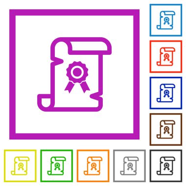 Beyaz arkaplanda kare çerçeveli eski sertifika düz renk simgeleri